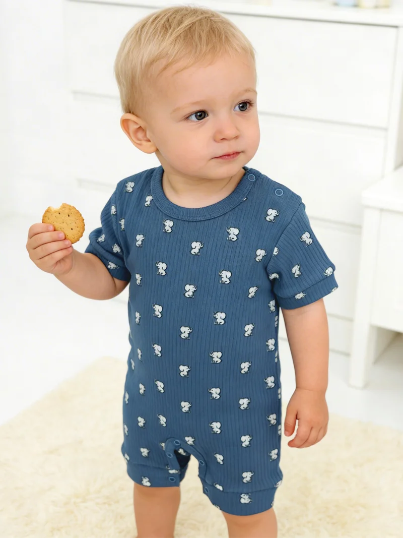 Babies Basic Babies Basic Ribbed Cotton Short Sleeves Romper, Blue